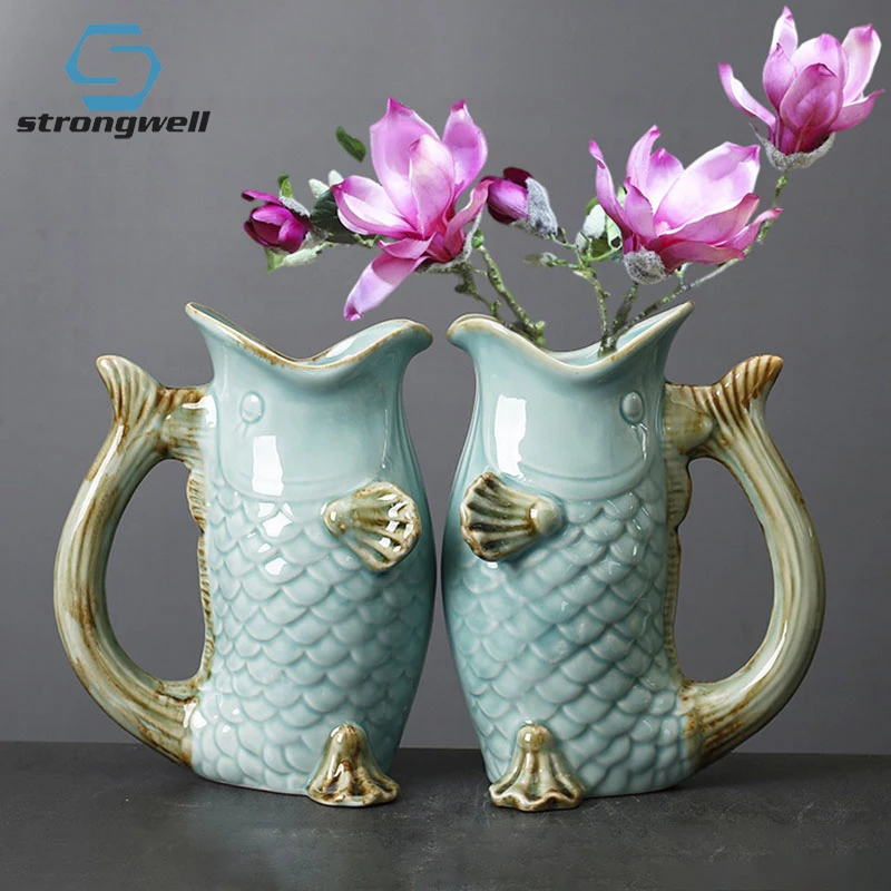 

Strongwell керамический ретро цветочный горшок с большим ртом рыбы украшение для дома садовый горшок антикварная художественная ваза мебель ра...