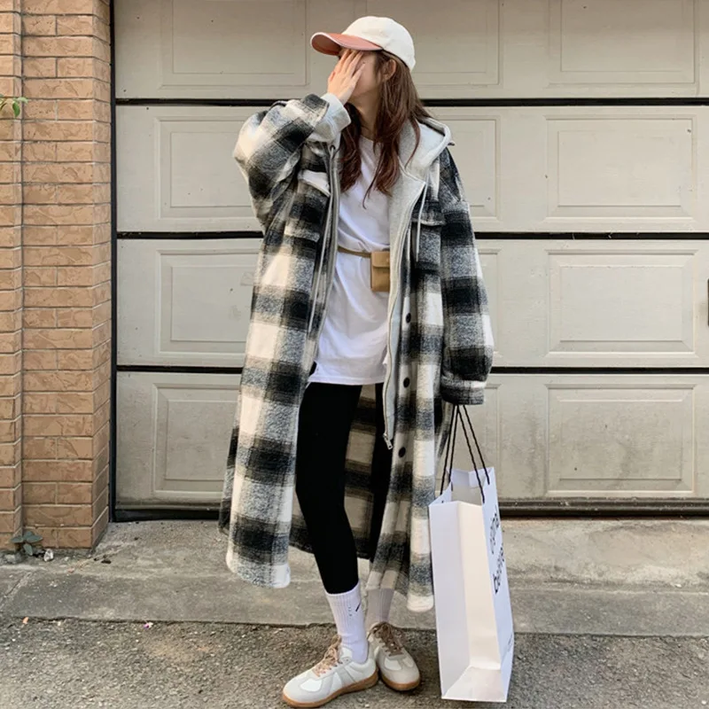 

Женское шерстяное пальто в клетку, повседневное свободное короткое пальто в винтажном стиле, весна-осень 2021