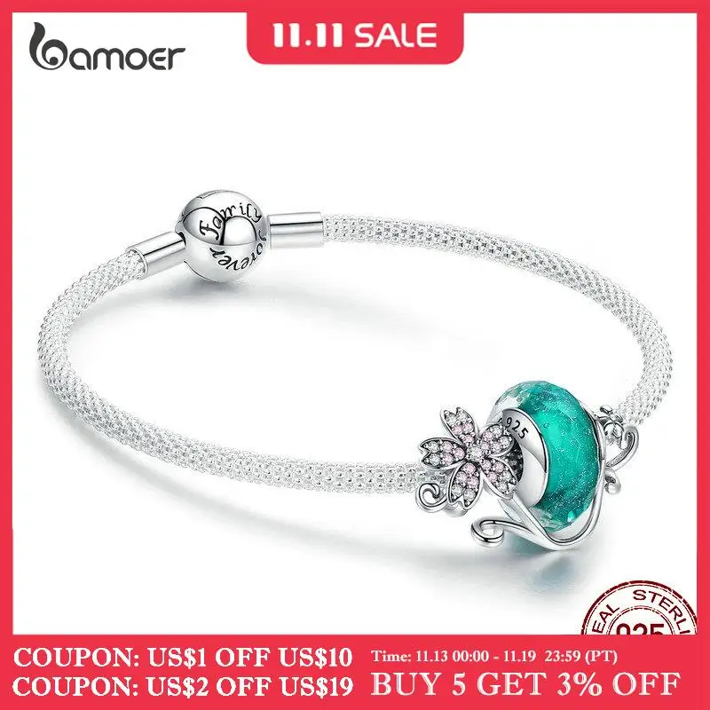 

BAMOER Authentic 925 Sterling Silver Daisy Flower Green Glass Beads Strand Charms Bracelets for Women 925 Silver Jewelry SCB822
