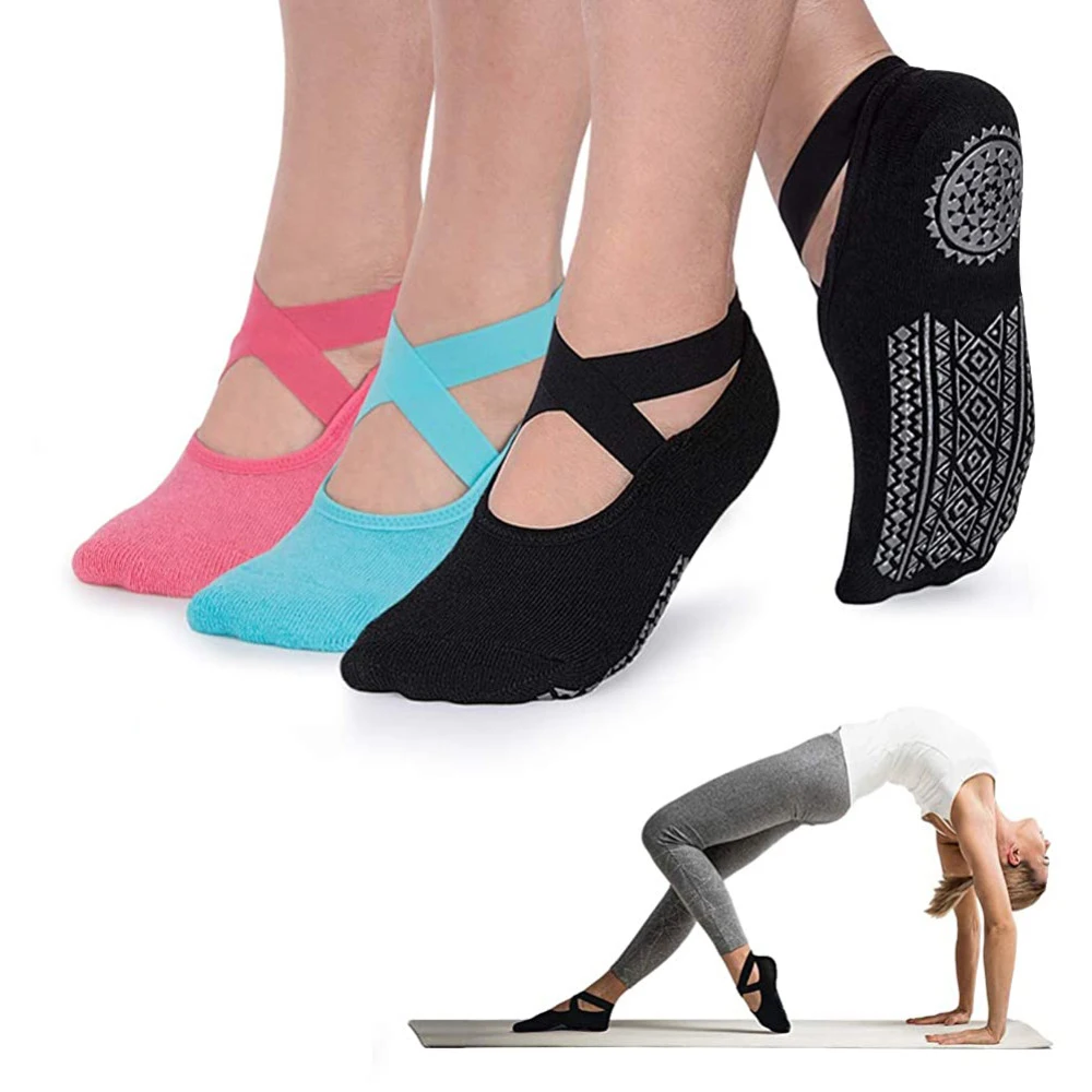 

Yoga Socks for Women Non-Slip Grips & Straps, Bandage Cotton Sock, Ideal for Pilates Pure Barre Ballet Dance Barefoot Workout