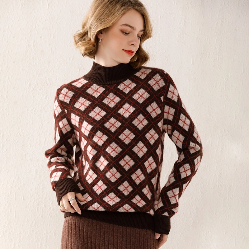 

Шерстяной свитер Lafarvie, Женский клетчатый пуловер с коротким высоким воротником, женская зимняя трикотажная одежда, новое поступление
