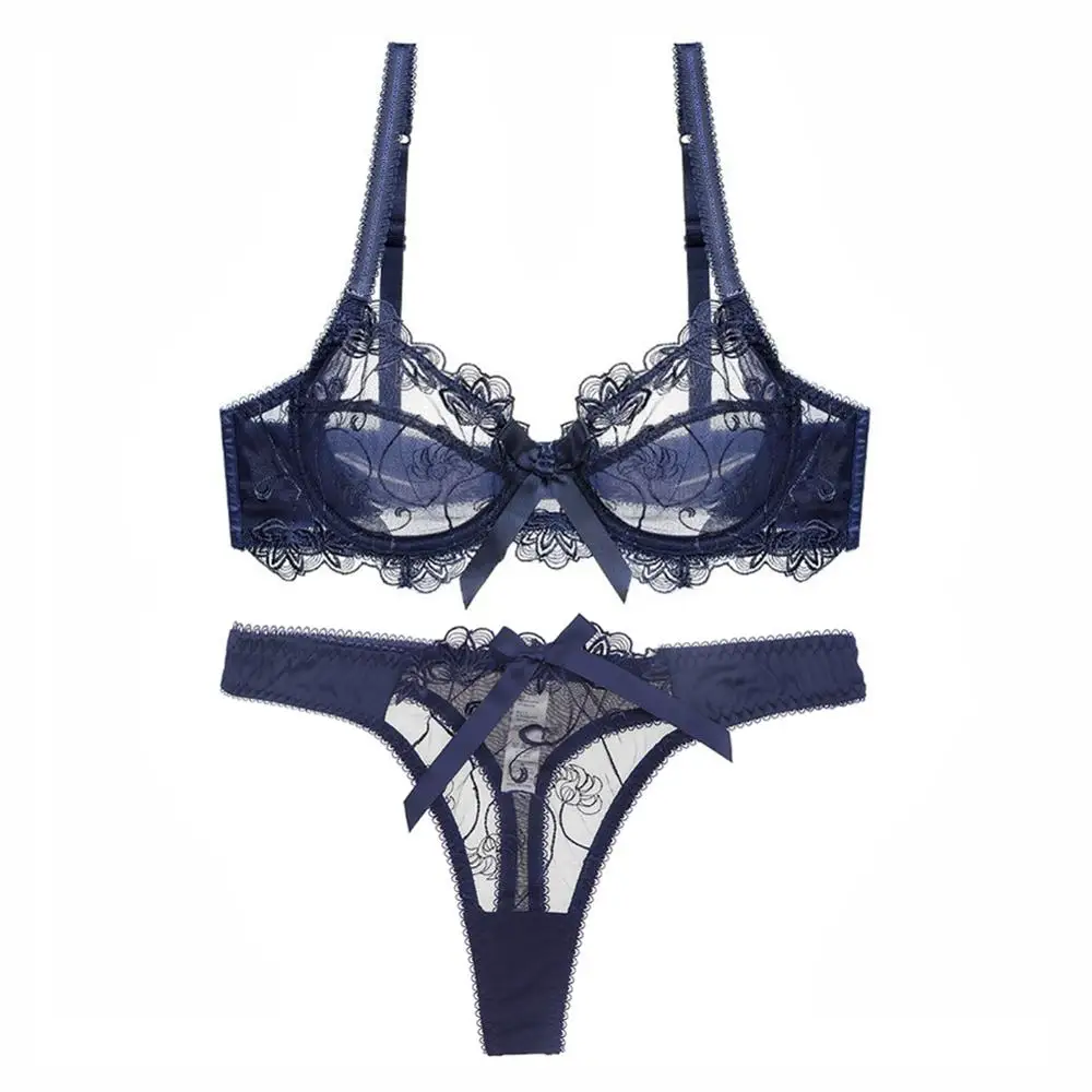 Women's sexy lace lingerie embroidered bow tie thin slim luxury push up bra set bra+thong 2 PCS