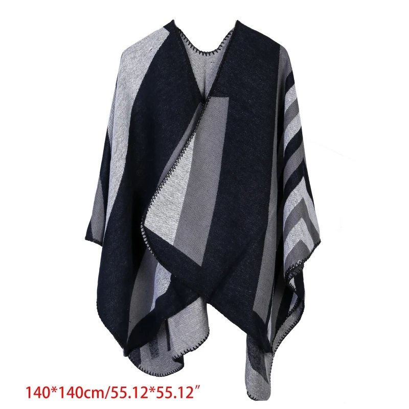 

Women Open Front Poncho Cape Color Block Irregular Striped Shawl Wrap Thicken Warm Oversize Cardigan Sweater Scarf