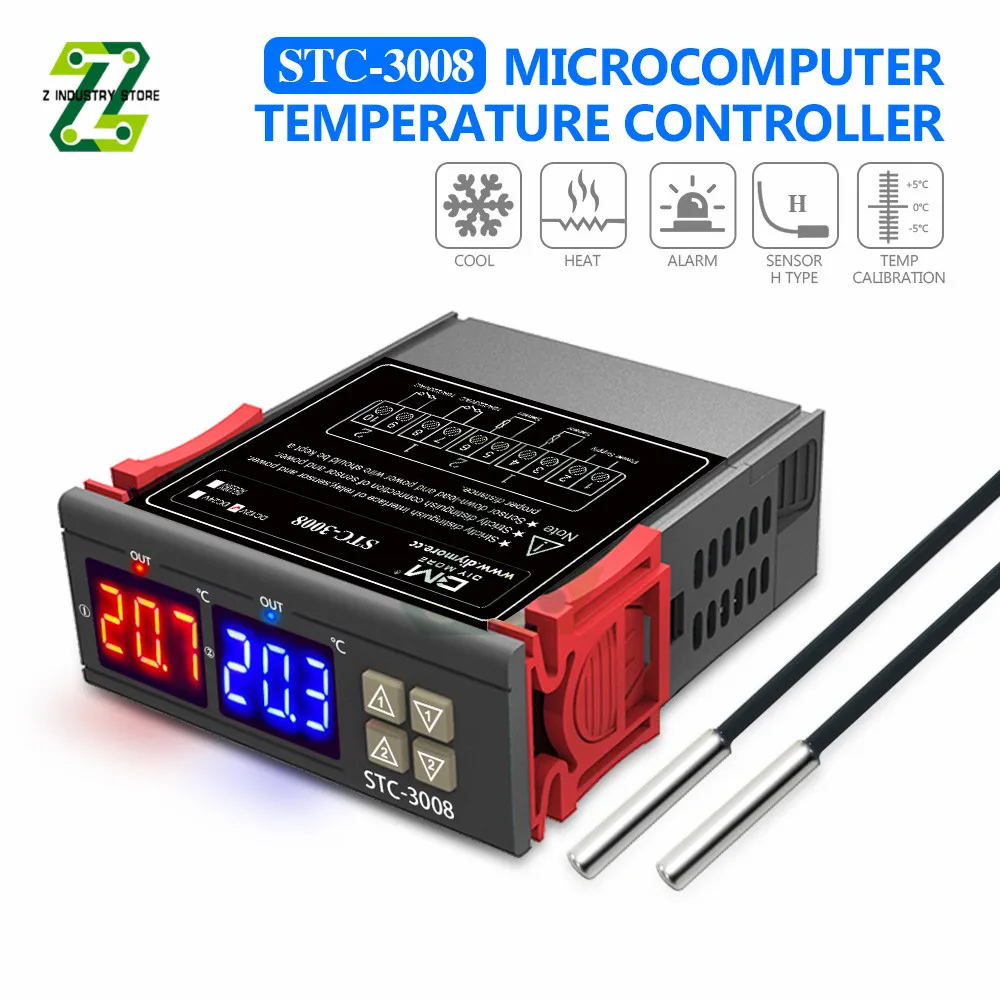 STC-3008 двойной цифровой регулятор температуры гигрометр C/F термостат с двумя