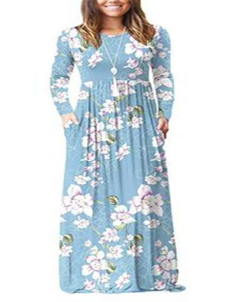 

2021 Spring Autumn Hot Sale Printed Long Sleeve Pocket Dress Round Neck Waist Long Skirt Hedging Casual Slim Women