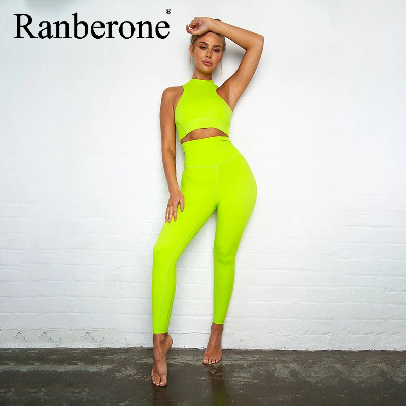 

Ranberone Yoga Sets Women Sportswear Zipper Crop Tops Fluorescent Color Push Up Leggings Yoga Suit Women's Tracksuits 2021