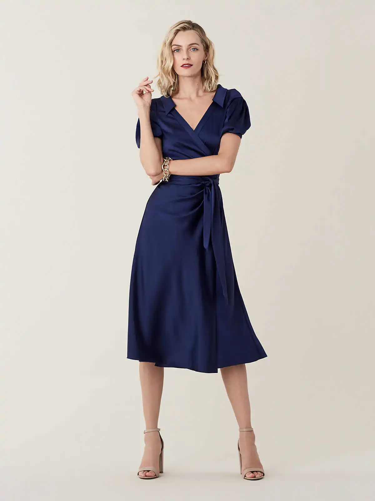 

Women's wrap dress spring / summer 2021 new dark blue collar Satin bubble sleeve mid length dress