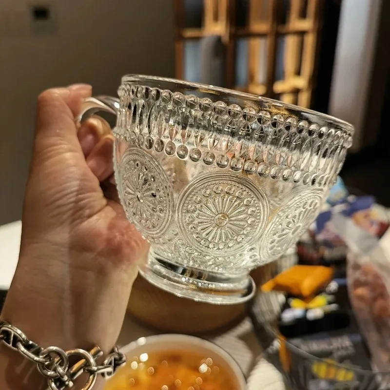 Ретро резная чашка для молока прозрачное стекло с ручкой завтрака