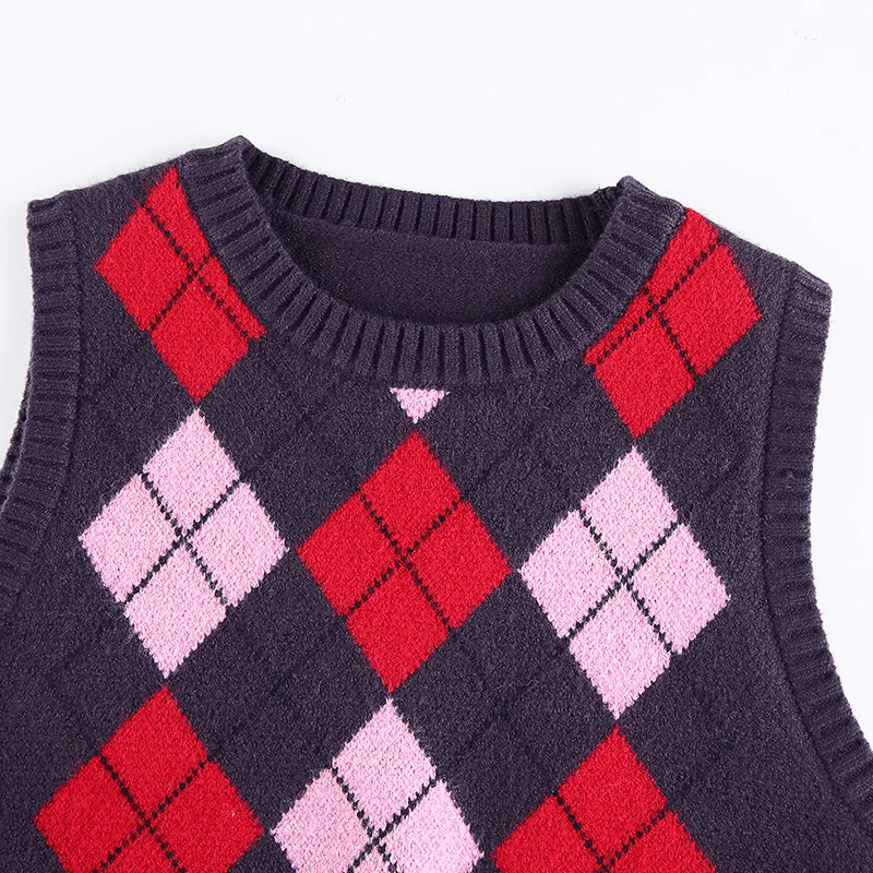 

Girls Plaid Y2k Sleeveless Gebreid Argyle Sweater Vest Preppy Style V Neck Knitted Cropped Tops Women Sweaters and Pullovers