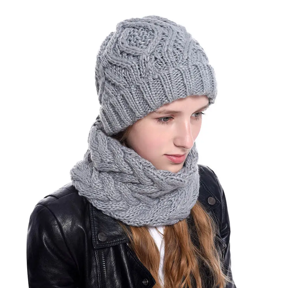 Grey set Зимняя женская вязаная шапка с шарфом, осенняя зимняя шапка для девочек, комплект, модная женская вязаная шапка, Балаклава, шапка из двух предметов WH106D - Цвет: Grey set