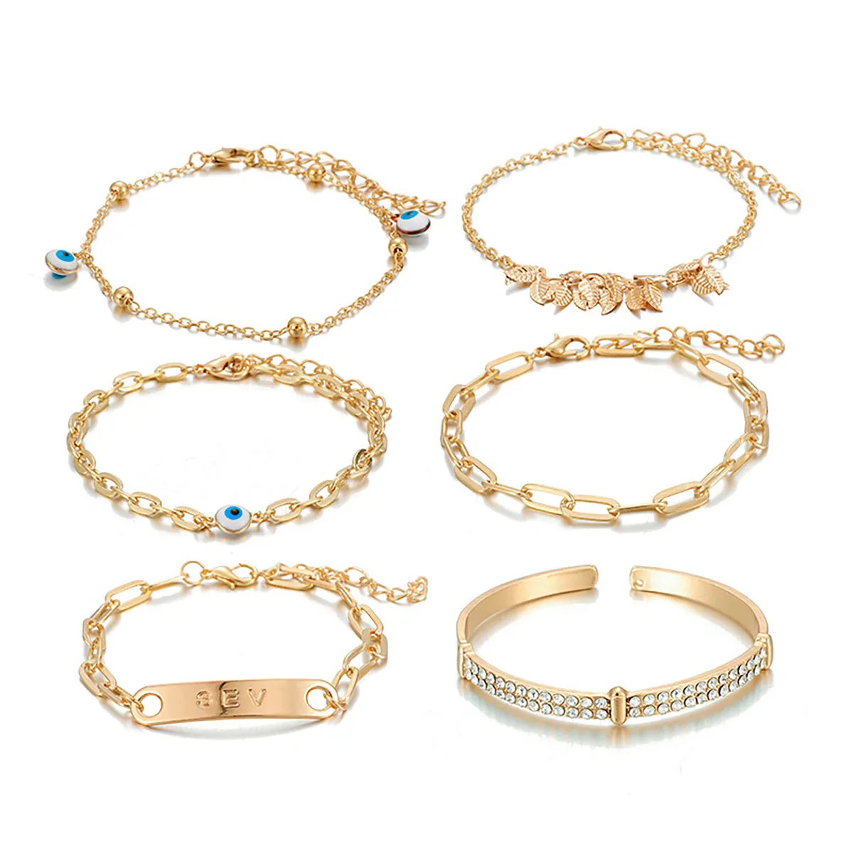 

6PCS/Set Bracelet Blue Eyes Leaf Multilayer Hand Chains For Womens Alloy Diamond 2021 New Vintage Fashion Jewelry Gift Wholesale