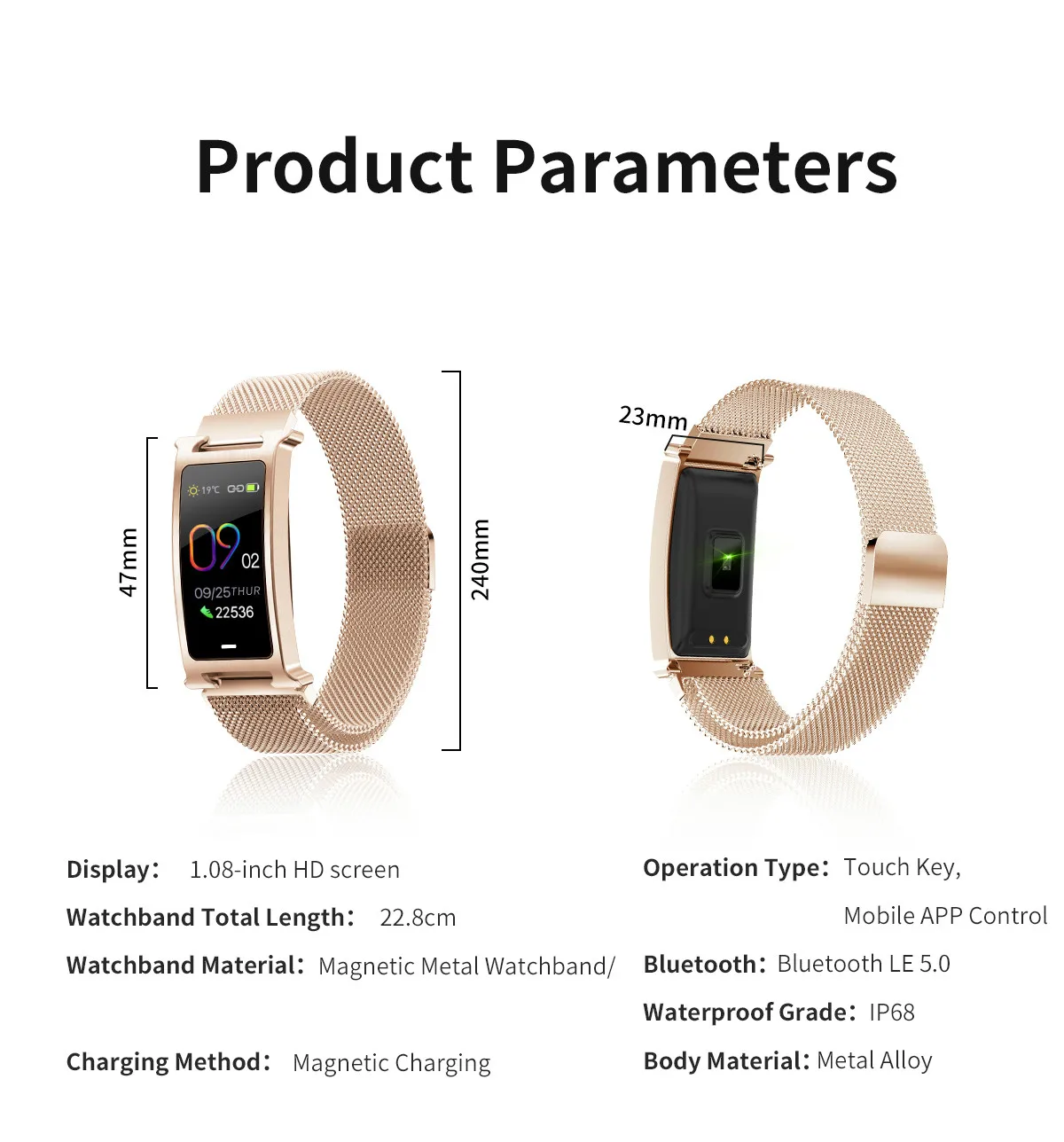 Умный Браслет, металлический браслет с пульсометром, монитор артериального давления, Bluetooth 5,0, Водонепроницаемый Фитнес-браслет IP68
