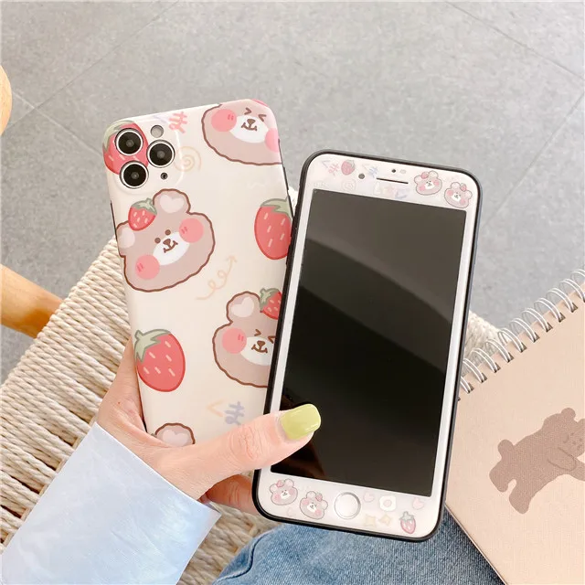 

Tempered Glass Screen Protector+Phone Case For iPhone 7 8 Plus X XS XR 11 Pro Max Cartoon Bear Strawberry Pattern Cover
