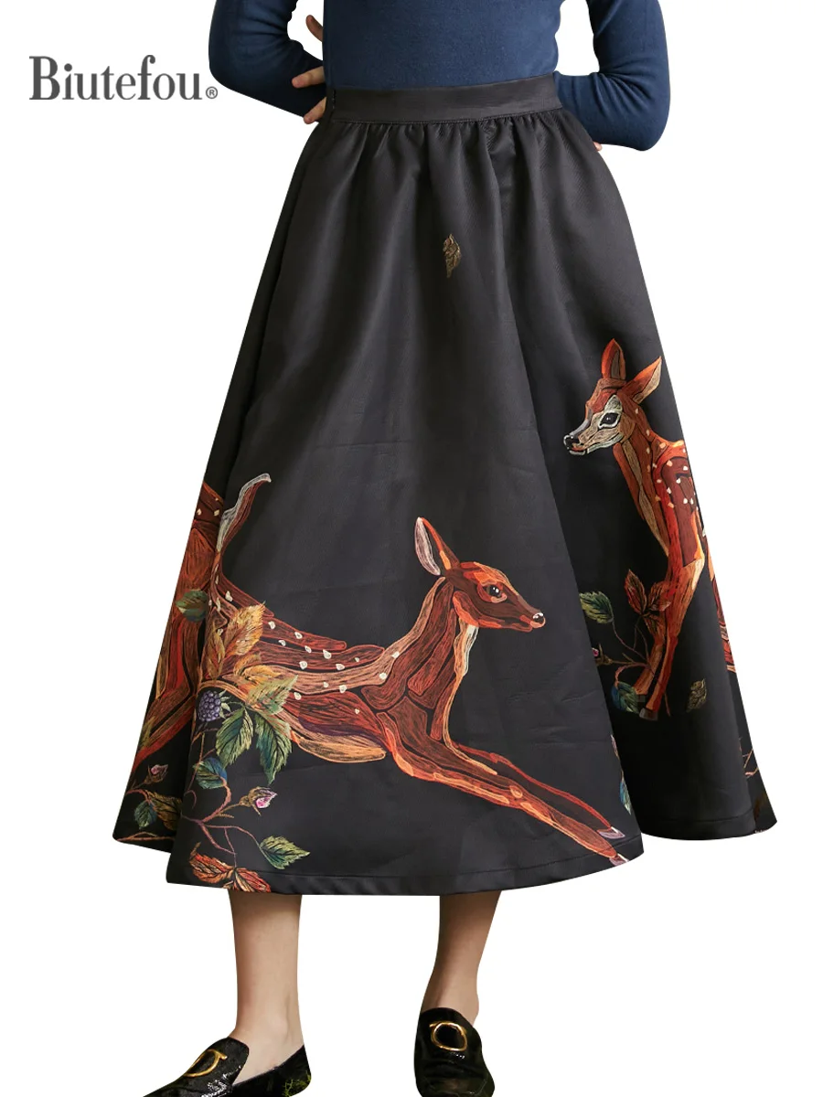 

2021 Autumn Women Art Original Design Hand-Painted Fawn Cotton High Waist Elastic Skirt