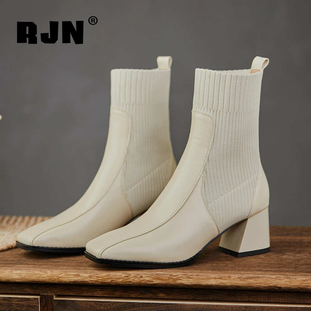 

RO/Новые Модные женские ботинки с квадратным носком ботильоны из натуральной кожи на низком квадратном каблуке эластичные вязаные носки жен...