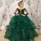 Великолепные зеленые Платья с цветочным рисунком для девочек, платье с круглым вырезом и аппликацией для конкурса, платья с оборками в несколько рядов, со шлейфом