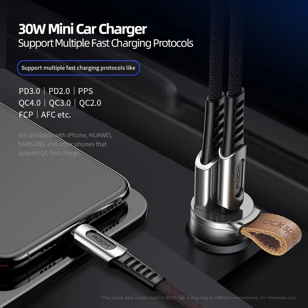 ROCK QC4.0 автомобильное зарядное устройство 30 Вт USB-C PD QC3.0 30 Вт 5A быстрое зарядное устройство с ремнем два порта usb мини автомобильный телефон зарядное устройство FCP AFC