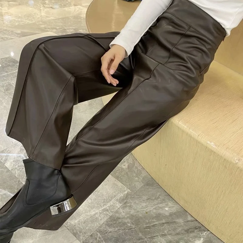 

Women Faux Leather High Waist Pant 2021 Straight Pant Trousers All-Match Fall Vintage Leisure Elegant Office Lady Wide Leg Pants