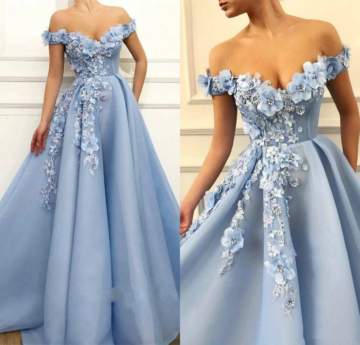

Elegant A Line Sky Blue Prom Dresses Lace 3D Floral Appliqued Pearls Evening Dress Off The Shoulder 2021 Special Occasion Gowns