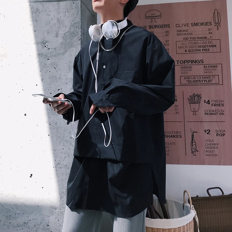 

Nice Men Shirts Pop Youthful Vitalith Fashion Loose Solid Color Stand Collar Long Sleeve Shirt Male Streetwear Casual Tops M-XL