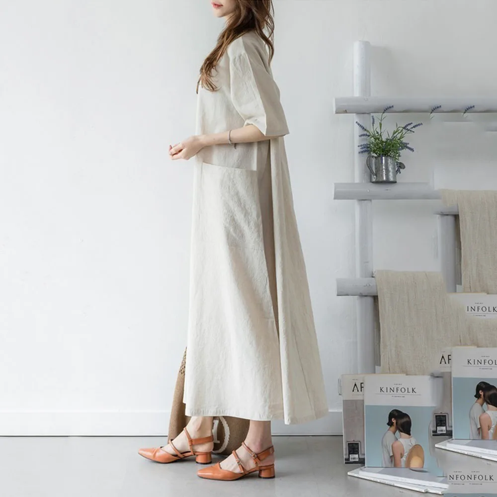 Женское повседневное офисное платье макси в японском стиле хлопковое льняное