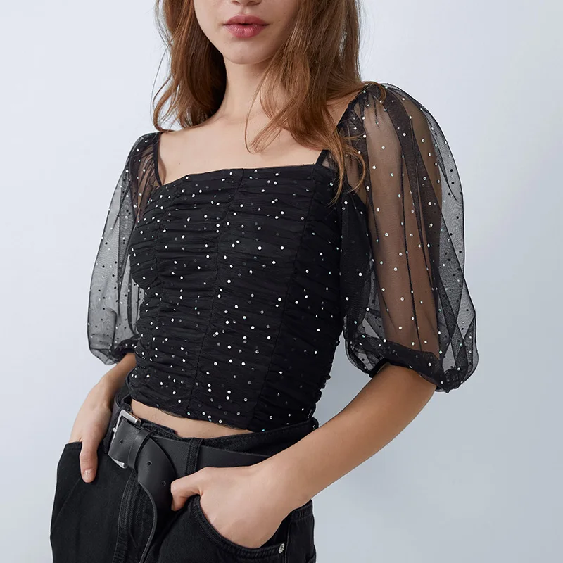 Foridol топ с тюлевыми рукавами 2020 Летняя туника рюшами женские укороченные топы и