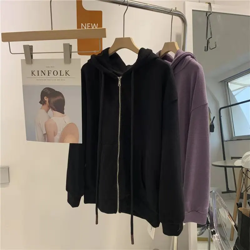 

Loose Simple Solid Hoodie Women 2021 Fashion Simple Long-Sleeved Women's Hoodie Autumn Zipper Cardigan Woman Sweatshirts Clothes