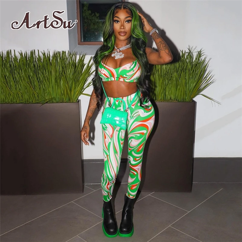 

Artsu сексуальный бюстгальтер с принтом, Топ для женщин, комплект из двух предметов, высокая талия, Тонкие штаны, комплект, женский спортивный ...