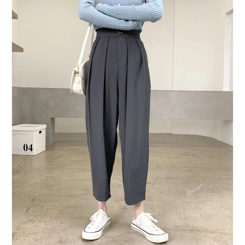 

2021 Spring Summer Elegant High Waist Pants Women Casual Solid Wide Leg Loose Plus Size S-4XL Capris Suit Pants B14309X