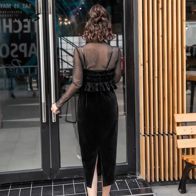 

Wsfs 2piece Mesh Dresses Black See Through Long Sleeve Ruffles Bandage Women Dress Sexy Party Pencil Velvet Suspender Midi Dress