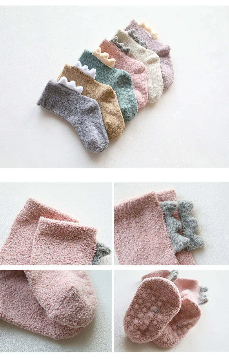 0-5 Years Baby Towel Socks Coral Velvet Thick Warm Dinosaur Kids Socks Non Slip Infant Baby Boy Girl Knitted Socks