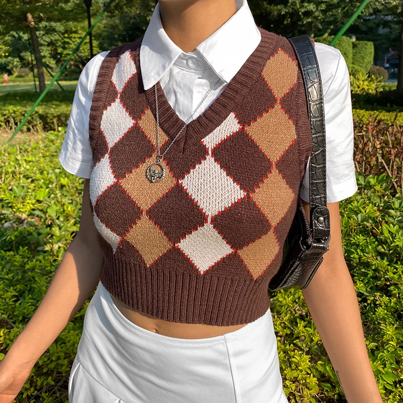 

Argyle Plaid Knitted Womens Sweater Vest England Preppy Style Cute Y2K Clothes V Neck Casual 90s Knit Jumpers Knitwear