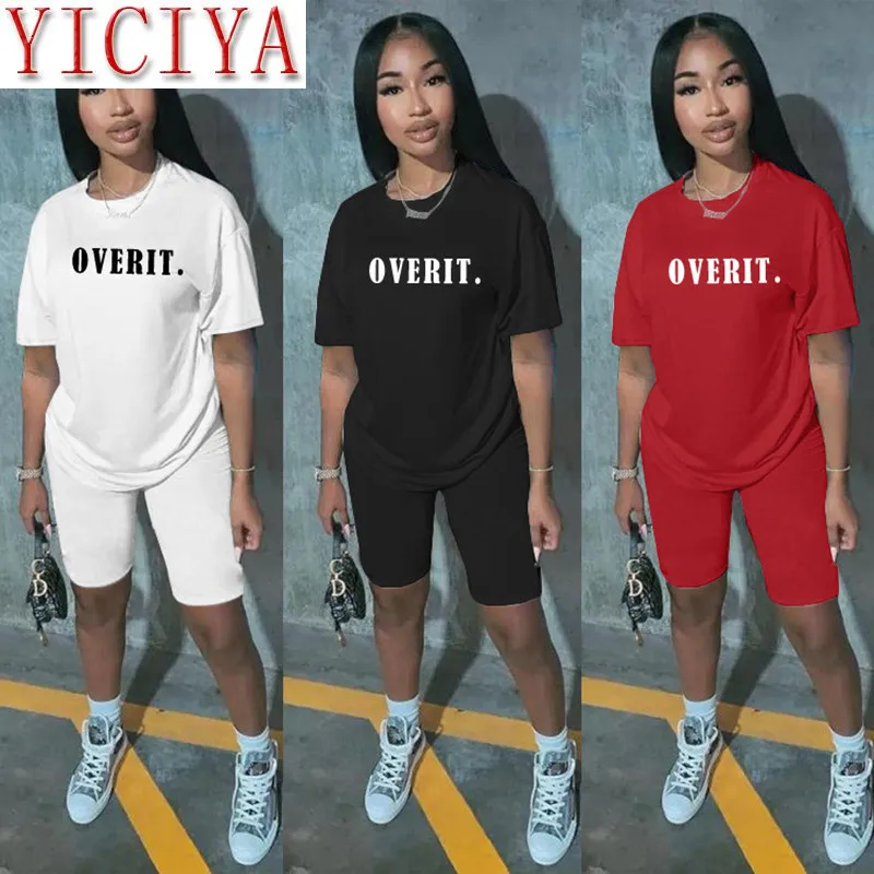 

2020 Summer Casual Fashion Solid Color Letter Printing Two Piece Set For Women Short Sleeve T-Shirt + Shorts Tracksuit