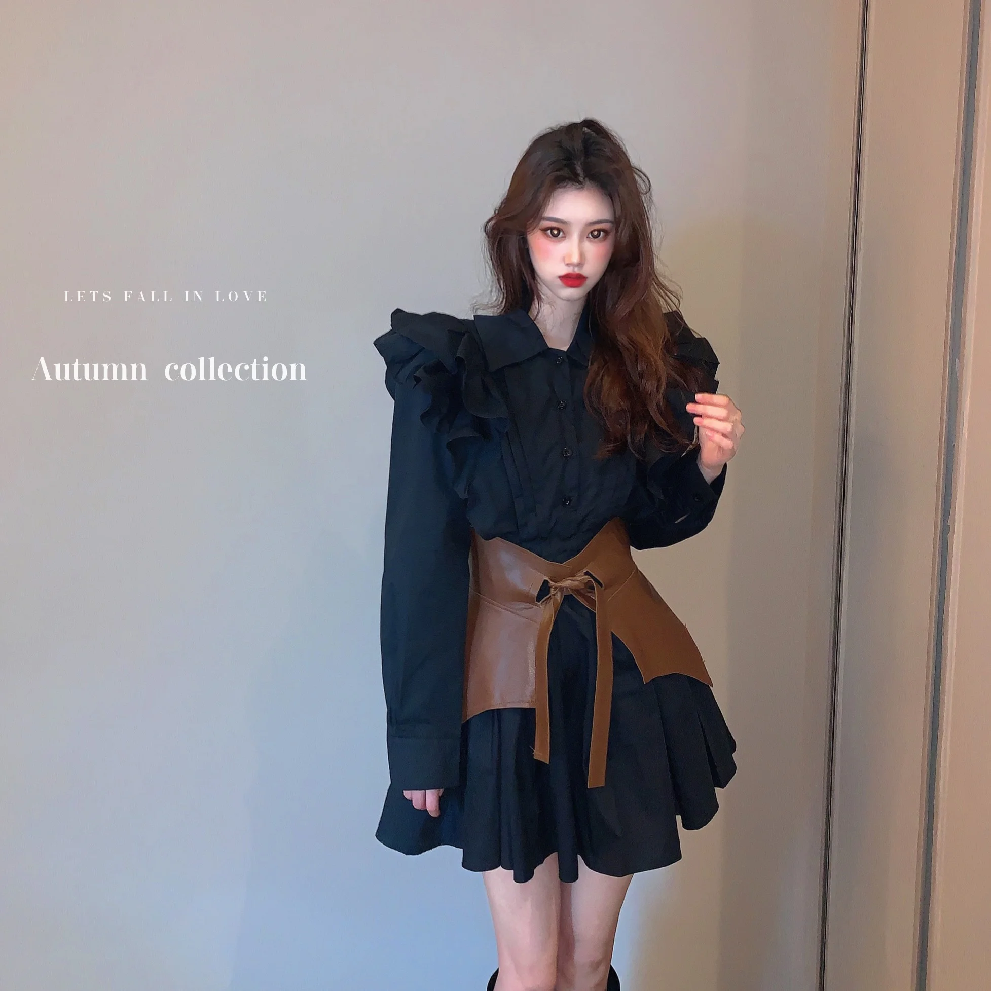 Женское платье-рубашка с длинным рукавом и буффами на рукавах | Женская одежда