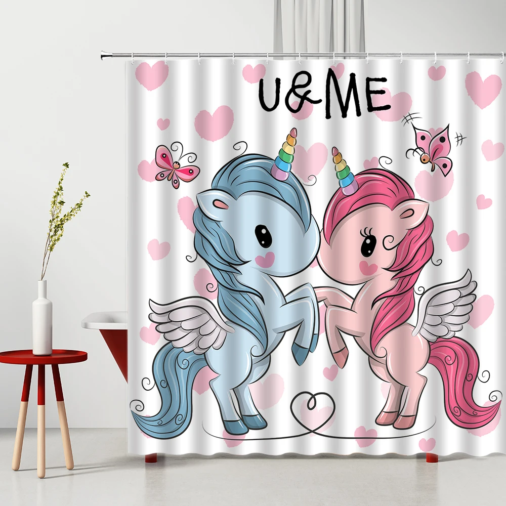 

Cartoon Animal Shower Curtain Unicorn Butterfly Love-Heart 3D Printed Waterproof Bathroom Decoration Set With Hook Bath Curtains