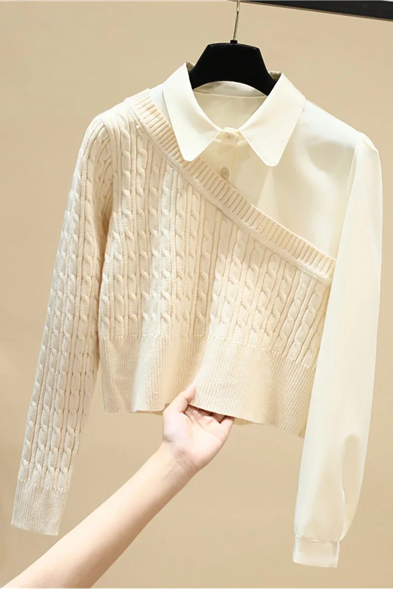 

2021 Fashion Fake Two-piece Top Patchwork Knitted Turn Down Collar All Match Shirt Women Tops