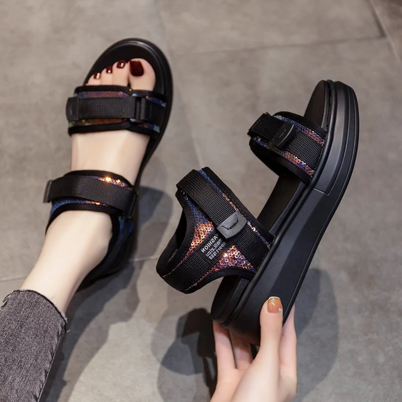 

Comfort Shoes for Women Clogs Wedge Anti-Skid 2021 Sandals Bling Bling Suit Female Beige Summer Heels Med All-Match Platform Spo