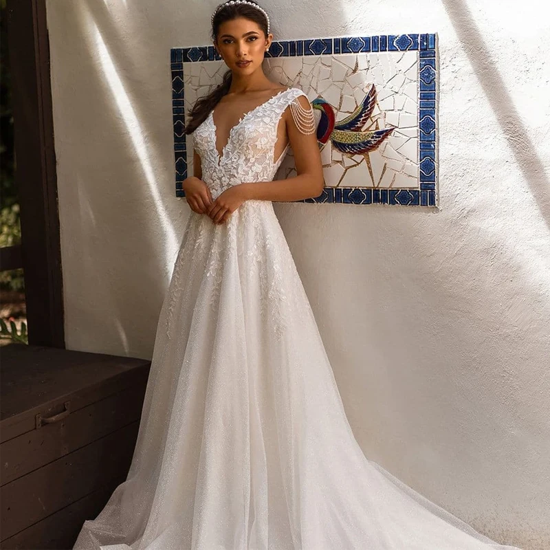

New Design V-Neck Appliques Lace Beads 3D Flowers A-Line Glitter Tulle Wedding Dress Bridal Gowns Vestido De Noiva