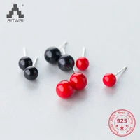 2020 new style 925 sterling silver cute round spherical synthetic pearl black red earrings men women couple earrings jewelry