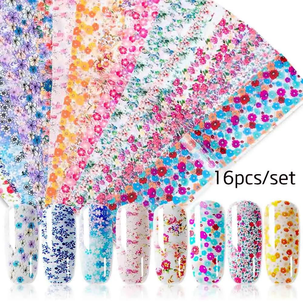 16pcs 16 шт. наклейки из фольги для ногтей смешанные цветы розы Дизайн ногтей водная переводная Наклейка Фольга стикер s ногтей DIY наклейки для маникюра - Цвет: 16pcs
