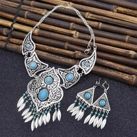 bohemian vintage blue acrylic bead stone neck chain necklace earrings for women india gypsy boho ethnic long tassel jewelry sets