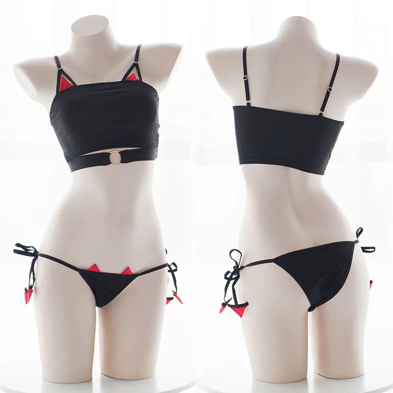 

Sexy Devil Lingerie Ears Hollow Out Camisole Metal Ring Decoration Lolita Underwear Lace-up Panties Black Cat Cosplay Intimates