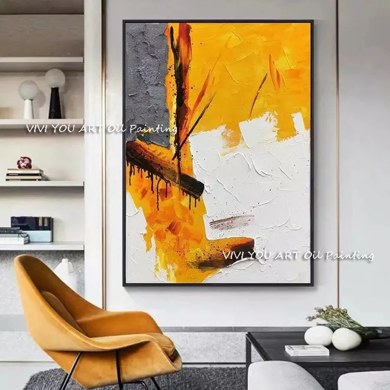 

Artist Abstract Yellow and White Modern Wall Art Canvas Painting Yellow Wall Pictures for Living Room Home Decoration