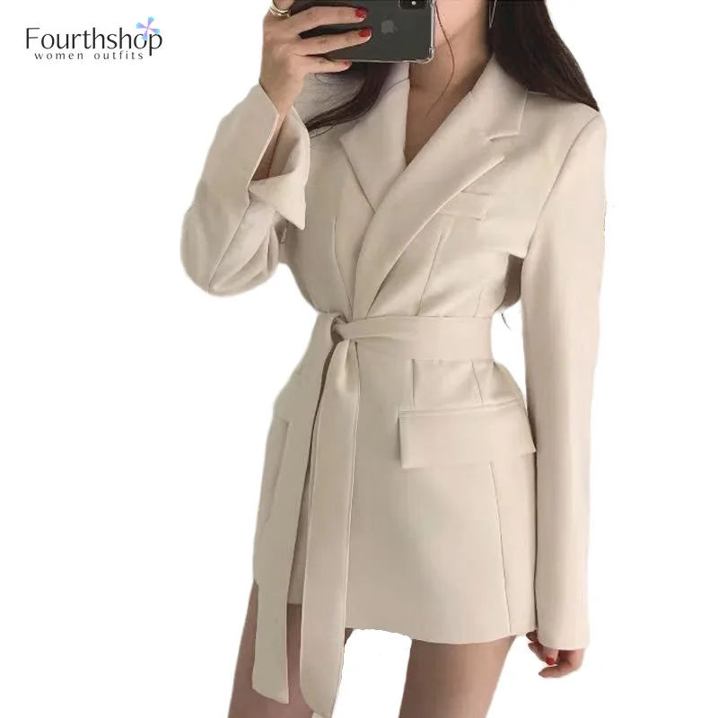 

2021 Autumn Winter Fashion Blazers and Jackets Women Long Suit Jacket Black Blazer Female Cape Female Clothes with Sashes