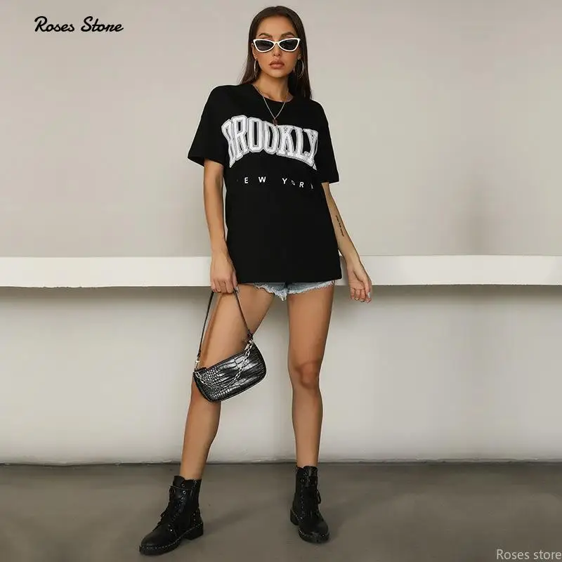 

Women's Oversized T-Shirts 2022 Loose Short Sleeve Black Summer Spring Tops For Lady Plus Size Clothing Female Letter Print TeeS