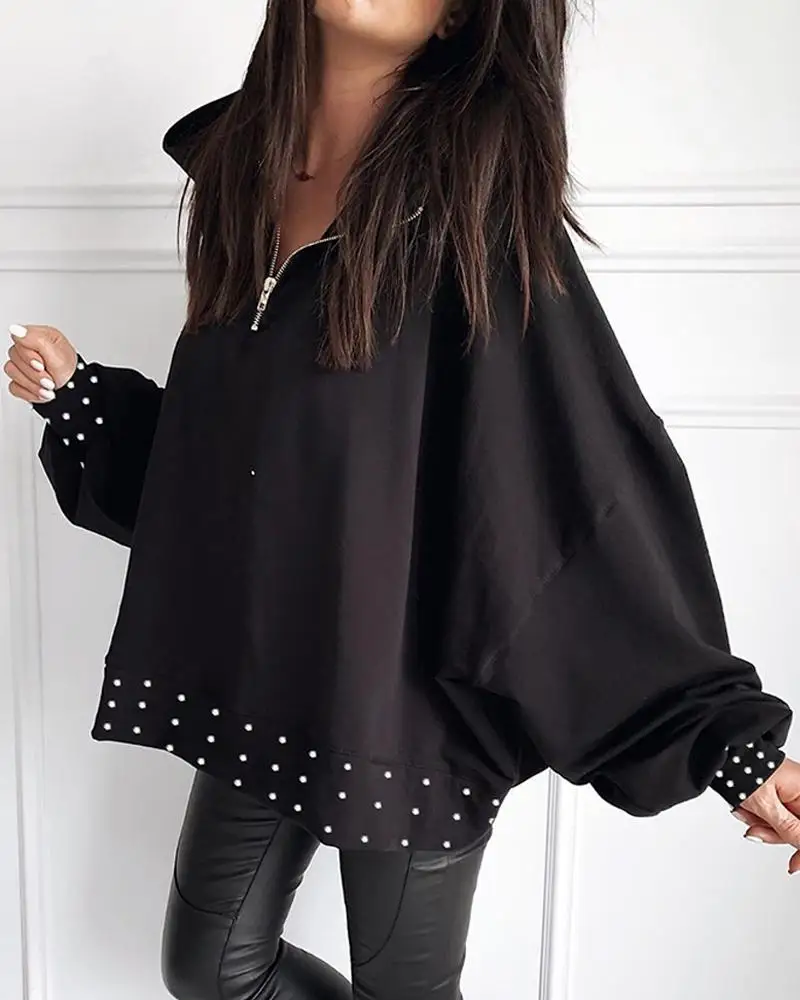 

Women Fashion Long Sleeve Casual Tops Female Autumn Fashion Beaded Detail Zipper Long Sleeve Casual Sweatshirt