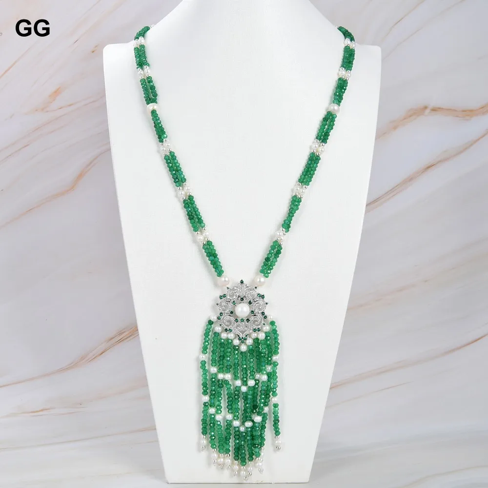 

GuaiGuai Jewelry 26" Natural Pearl Green Jade Stone CZ Pendant Necklace