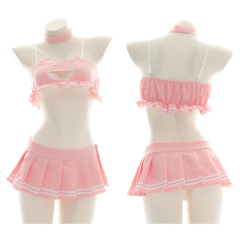 

Pink Sleeveless Cat Ears Cut-Out Crop Top Vest Strap Tank Top Pleated Mini Skirt Set Summer Sweet Girl Sleepwear Cosplay Uniform
