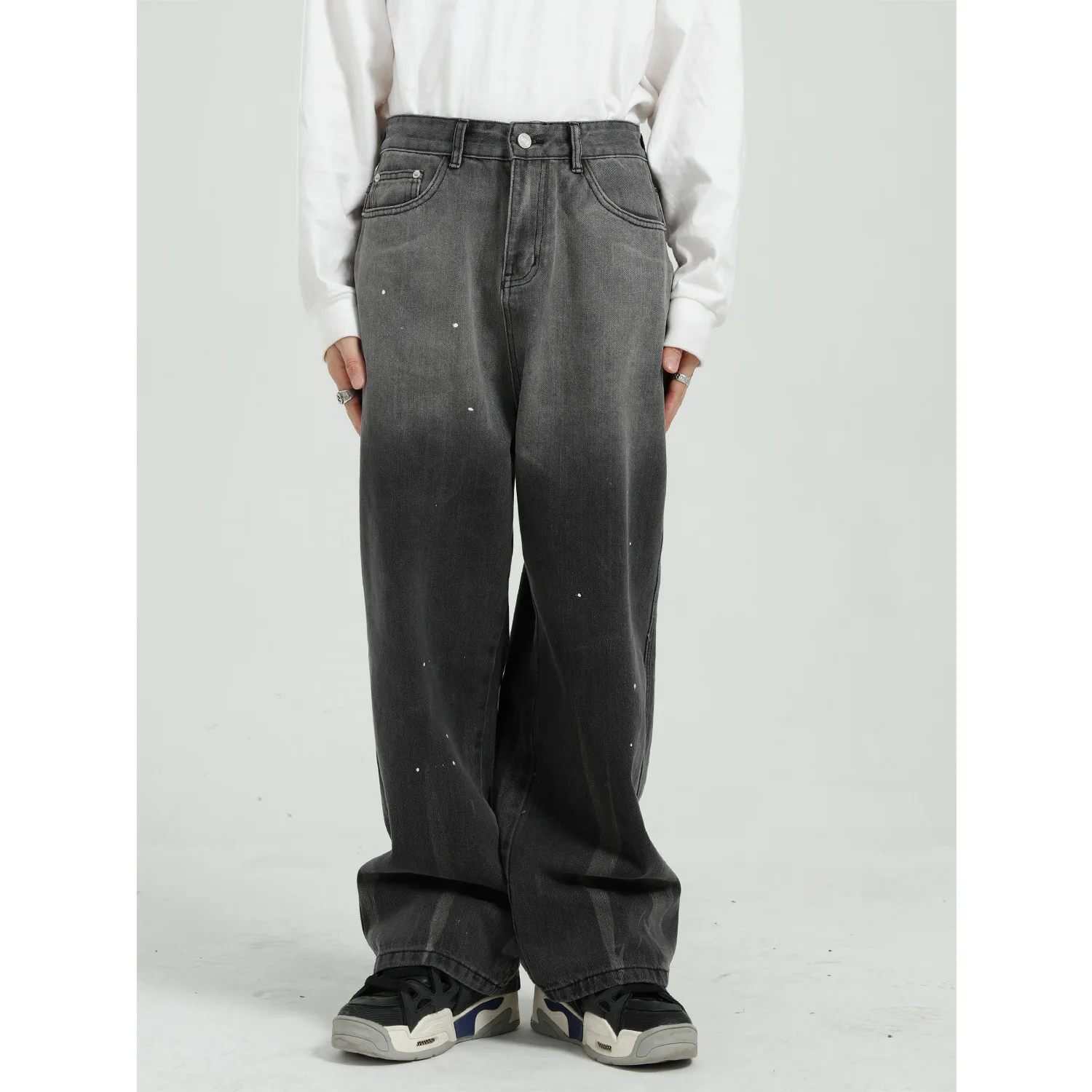 

E-Baihui New Fashion Men's Jeans Korean Style Men Pants Loose Gradient Trousers Lacquered Trendy Personality Jeans