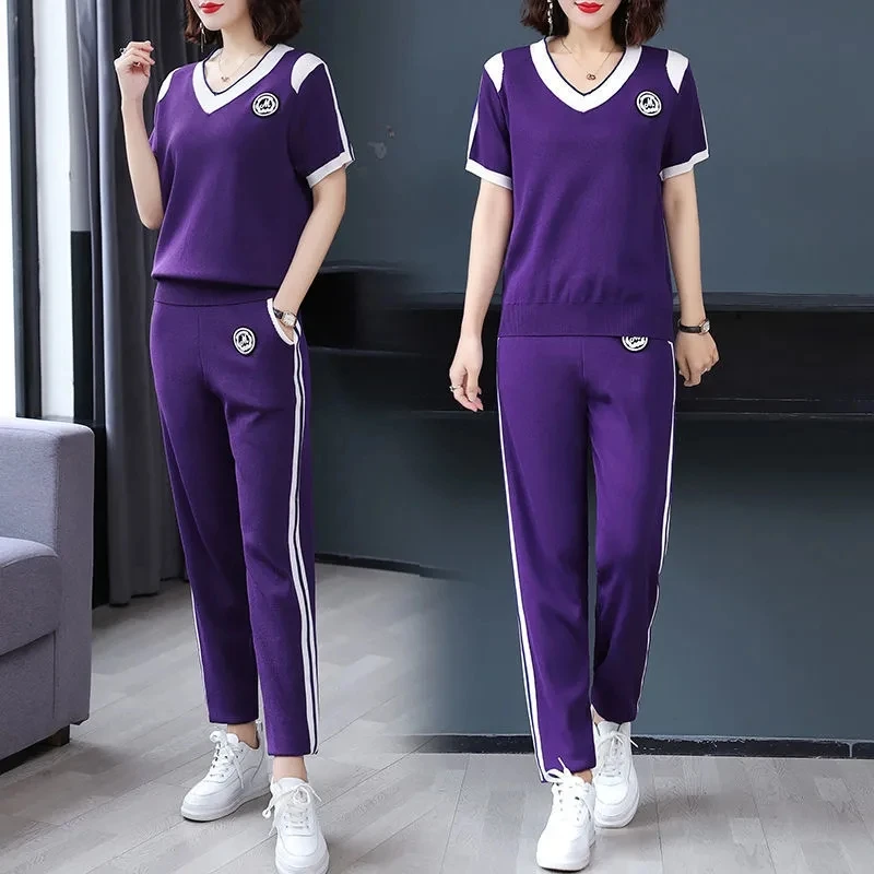 

Summer Casual Short Sleeve Knitted 2 Piece Set Women Fashion Plus Size V-Neck Knitwear + Pants Suit Female Tracksuit Lounge Wear